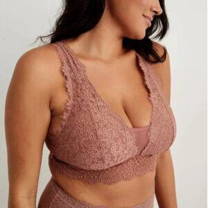 Aerie Eyelash Lace Padded Plunge Bralette Mauve Mocha Mousse Brown XS Boho